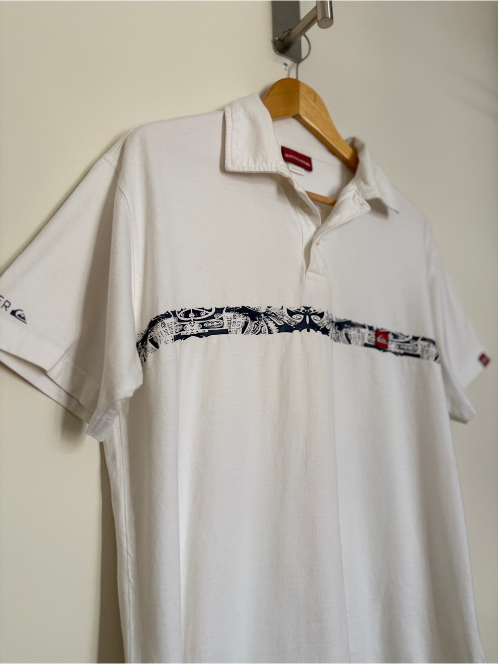 Vintage 90s Quiksilver The Crossing Surf Polo Shirt White Tribal Men's S